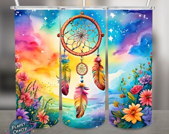 Dreamcatcher, colorful Flowers PNG Design, 20Oz Skinny Tumbler Wrap, Digital Download