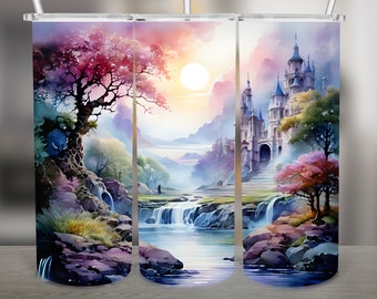 Fantasy Castle Landscape, Watercolor PNG Design, 20Oz Skinny Tumbler Wrap, Digital Download
