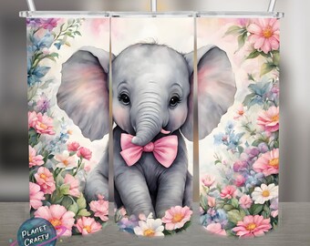 Cute Baby Elephant, Flowers PNG Design, 20Oz Skinny Tumbler Wrap, Digital Download