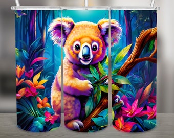 Cute Colorful Koala PNG Design, 20Oz Skinny Tumbler Wrap, Digital Download
