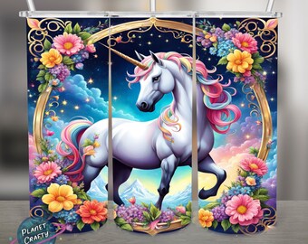 Unicorn Framed, Colored Flowers Surrounding, Clouds Backdrop, PNG Design, 20Oz Skinny Tumbler Wrap, Digital Download