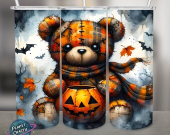 Cute Patches Halloween Bear, PNG Design, 20Oz Skinny Tumbler Wrap, Digital Download