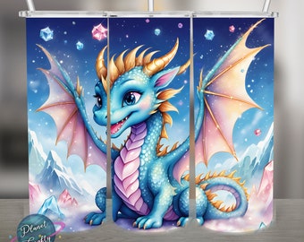 Cute dragon surrounded by crystals png design, 20Oz Skinny Tumbler Wrap, Digital Download