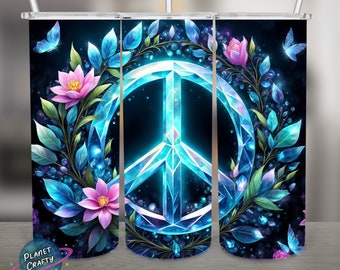 Peace Sign, Crystal Surrounded by Flowers, PNG Design, 20Oz Skinny Tumbler Wrap, Digital Download