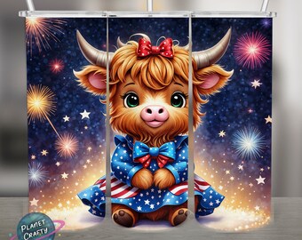 Cute Baby Highland Cow, Patriotic, 4th of July PNG Design, 20Oz Skinny Tumbler Wrap, Digital Download