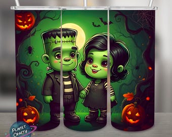 Frank and Frankie, Fun Cartoon Halloween Style Couple PNG Design, 20Oz Skinny Tumbler Wrap, Digital Download