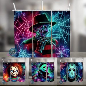 Horror Movie Icons, Neon Design Bundle, 20oz Skinny Tumbler Wraps, Halloween Sublimation Designs