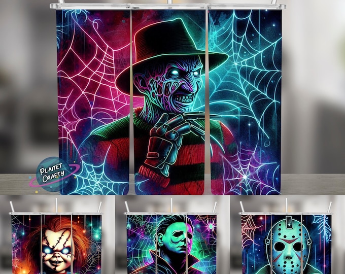 Featured listing image: Horror Movie Icons, Neon Design Bundle, 20oz Skinny Tumbler Wraps, Halloween Sublimation Designs