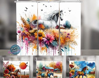 Design Bundle, Artistic Horses Among Colorful Flowers, 20oz Skinny Tumbler Wraps, Sublimation Designs