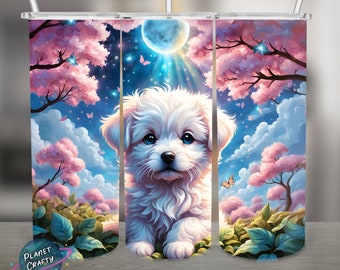 Cute Puppy Fantasy Illustration, Cotton Candy Look Trees,, PNG Design, 20Oz Skinny Tumbler Wrap, Digital Download