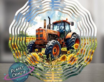 Tractor in a Field Filled with Sunflowers, Garden Wind Spinner PNG Design, Digital Download
