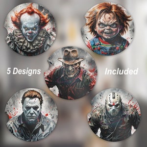 May include: Set of five round drink coasters featuring horror movie characters. The coasters are printed with images of Pennywise the clown, Chucky, Jason Voorhees, Michael Myers, and Leatherface. Each coaster has a white background with red splatters of paint.