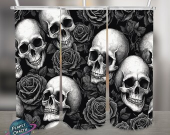 Skulls and Roses PNG Design, 20Oz Skinny Tumbler Wrap, Digital Download