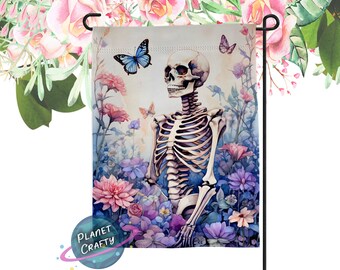 Skeleton Among Spring Flowers Garden Flag PNG Design, Digital Download