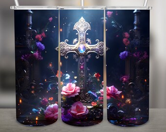 Cross, Flowers PNG Design, 20Oz Skinny Tumbler Wrap, Digital Download