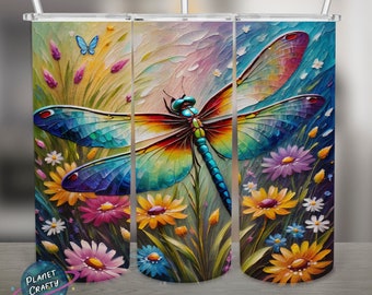 Dragonfly in Nature Scene, Painting Illustration PNG Design, 20Oz Skinny Tumbler Wrap, Digital Download
