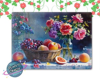 Fruits and Flowers, Colorful Kitchen Scene Cutting Board PNG Design, Digital Download