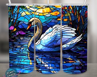 Swan in Lake on a Stained Glass, PNG Design, 20Oz Skinny Tumbler Wrap, Digital Download