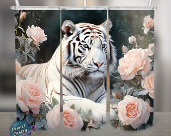White Tiger Surrounded by Roses, PNG Design, 20Oz Skinny Tumbler Wrap, Digital Download