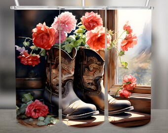 Cowboy, Cowgirl Boots and Flowers Watercolor PNG Design, 20Oz Skinny Tumbler Wrap, Digital Download