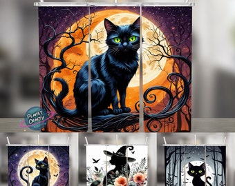 Black Cat, Halloween Spooky Design Bundle, 20oz Skinny Tumbler Wraps, Sublimation Designs