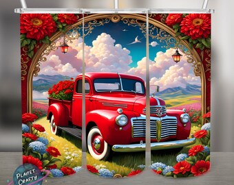 Red Truck, Flowers PNG Design, 20Oz Skinny Tumbler Wrap, Digital Download