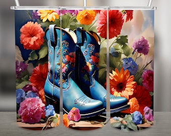 Blue Cowgirl Boots and Flowers Watercolor PNG Design, 20Oz Skinny Tumbler Wrap, Digital Download