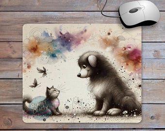 Dog and Cat, Cute Illustration Mouse Pad PNG Design, Digital Download