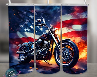 Motorcycle, Flames and USA Flag PNG Design, 20Oz Skinny Tumbler Wrap, Digital Download