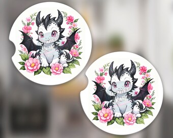 Cute Baby Dragon With Pink Flowers Car Coaster PNG Design, Digital Download