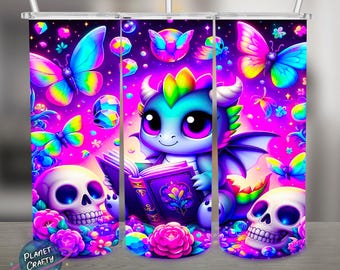 Cute Reading Dragon png design, 20Oz Skinny Tumbler Wrap, Digital Download