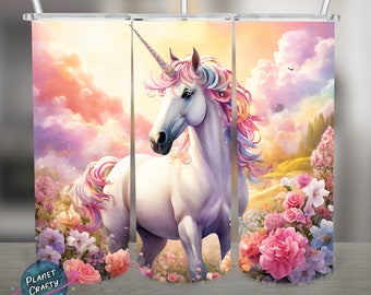 Unicorn in a Field of Beautiful, Rainbow Colored Flowers, PNG Design, 20Oz Skinny Tumbler Wrap, Digital Download