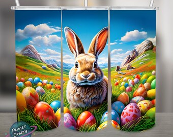 Easter Bunny in a Field With Colorful Eggs PNG Design, 20Oz Skinny Tumbler Wrap, Digital Download