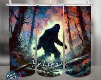 Bigfoot Believe, Woods Silhoutte PNG Design, 20Oz Skinny Tumbler Wrap, Digital Download