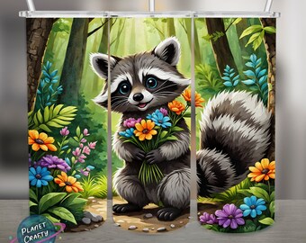 Raccoon In Woods Holding Flowers, Cute PNG Design, 20Oz Skinny Tumbler Wrap, Digital Download