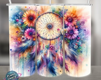 Dreamcatcher, Dripping Colors, Flowers PNG Design, 20Oz Skinny Tumbler Wrap, Digital Download