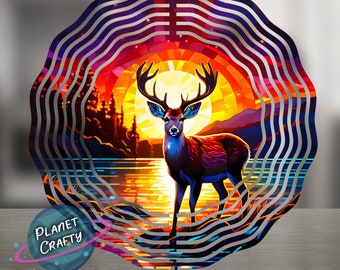 Deer By Lake Illustration, Beautiful Stained Glass Background Effect, Wind Spinner PNG Design, Digital Download