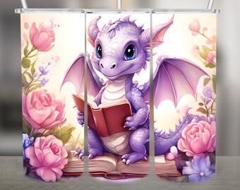 Book Dragon, Reading PNG Design, 20Oz Skinny Tumbler Wrap, Digital Download