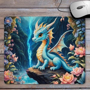May include: A fantasy-themed mousepad featuring a blue dragon with orange accents, perched on a rock. The background depicts a waterfall and lush floral elements. The mousepad has the text "PLANET CRAFTY".