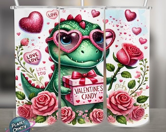 Valentine's T-Rex, Dinosaur Cartoon PNG Design, 20Oz Skinny Tumbler Wrap, Digital Download