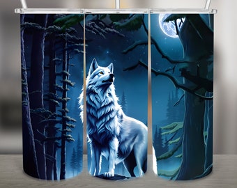 Wolf in Moonlight PNG Design, 20Oz Skinny Tumbler Wrap, Digital Download