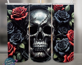 Gothic Skull, Barbed Wire and Roses Illustration PNG Design, 20Oz Skinny Tumbler Wrap, Digital Download