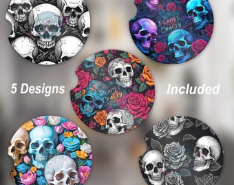 Bundle Skulls, Flowers 5 Car Coaster PNG Designs, Digital Download