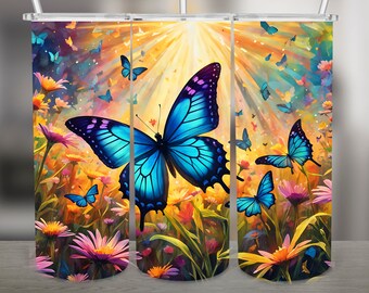 Butterflies over Wildfowers PNG Design, 20Oz Skinny Tumbler Wrap, Digital Download