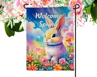 Welcome Spring, Bunny Among Flowers Garden Flag PNG Design, Digital Download