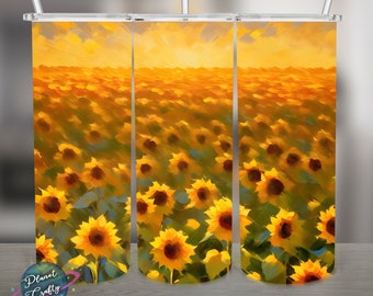 Sunflower Field Illustration PNG Design, 20Oz Skinny Tumbler Wrap, Digital Download