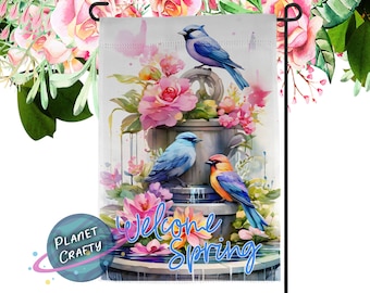 Colorful Birds on a Water Fountain, Welcome Spring Garden Flag PNG Design, Digital Download
