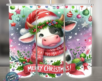 Cute Cow in Santa Hat, Merry Christmas PNG Design, 20Oz Skinny Tumbler Wrap, Digital Download