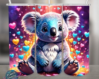 Cute Baby Koala, Glitter and Hearts PNG Design, 20Oz Skinny Tumbler Wrap, Digital Download