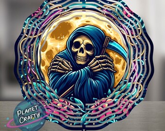 Grim Reaper, Moon and Flowers Wind Spinner PNG Design, Digital Download, Garden Decor
